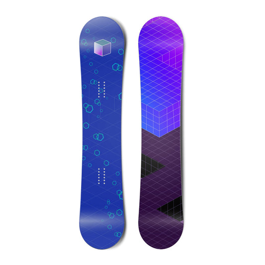 The top and bottom view of a snowboard.The top view is a gradient light purple and dark purple
        with a cube geometric pattern. The bottom view blue with light blue octagon geometric pattern.